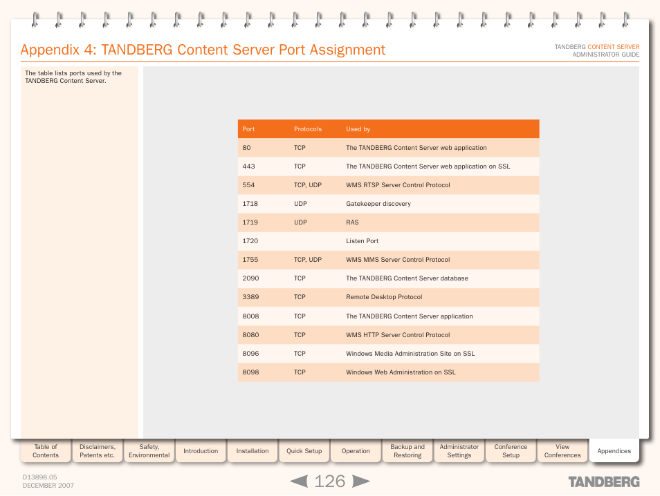 Ports | TANDBERG S3 User Manual | Page 126 / 127