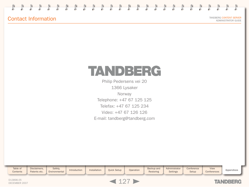 Contact information | TANDBERG S3 User Manual | Page 127 / 127