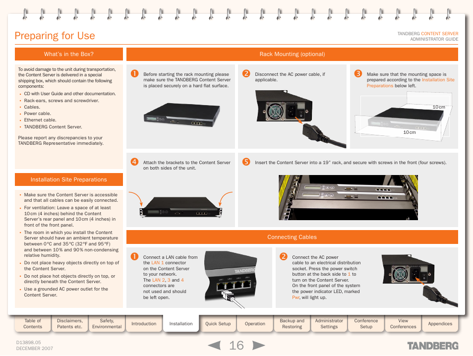 Preparing for use, What’s in the box, Installation site preparations | Rack mounting (optional), Connecting cables | TANDBERG S3 User Manual | Page 16 / 127