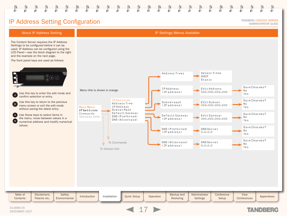 Ip address setting configuration, About ip address setting, Ip settings menus available | TANDBERG S3 User Manual | Page 17 / 127