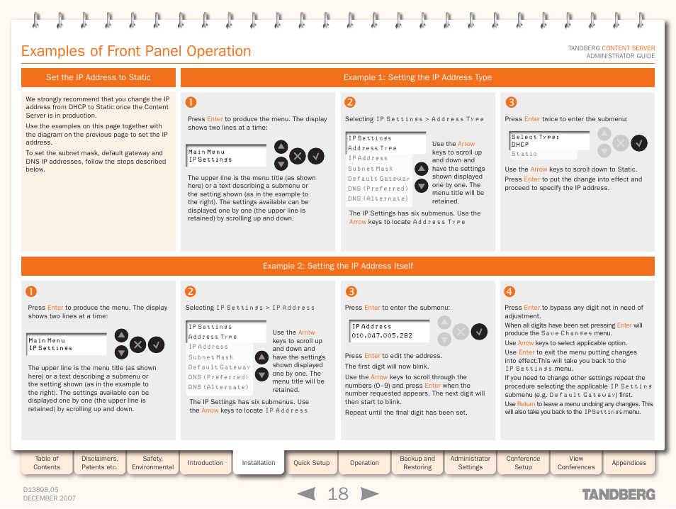 Examples of front panel operation, Set the ip address to static, Example 2: setting the ip address itself | TANDBERG S3 User Manual | Page 18 / 127
