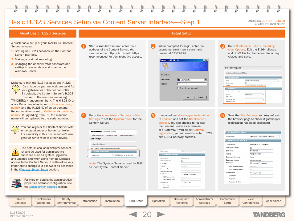 About basic h.323 services, Initial setup, About basic h.323 services initial setup | TANDBERG S3 User Manual | Page 20 / 127