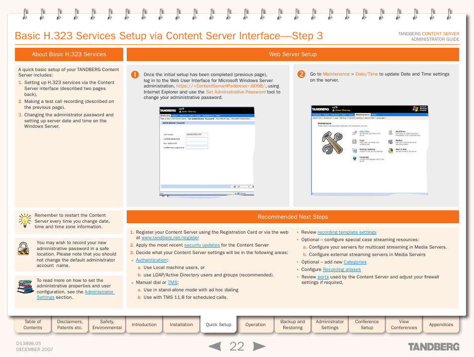 Recommended next steps, Web server setup, Web server setup recommended next steps | TANDBERG S3 User Manual | Page 22 / 127