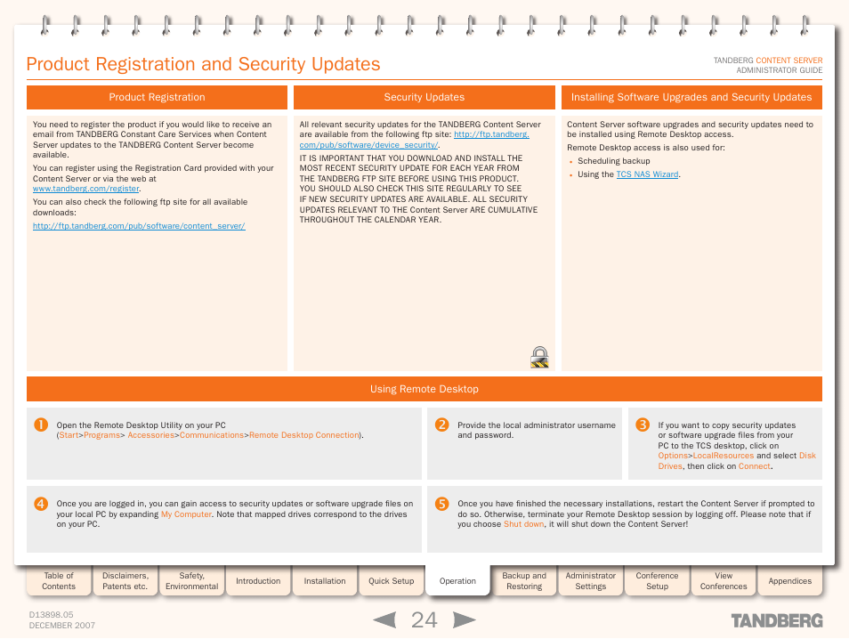 Product registration and security updates, Product registration, Using remote desktop | Security updates, Installing software upgrades and security updates | TANDBERG S3 User Manual | Page 24 / 127