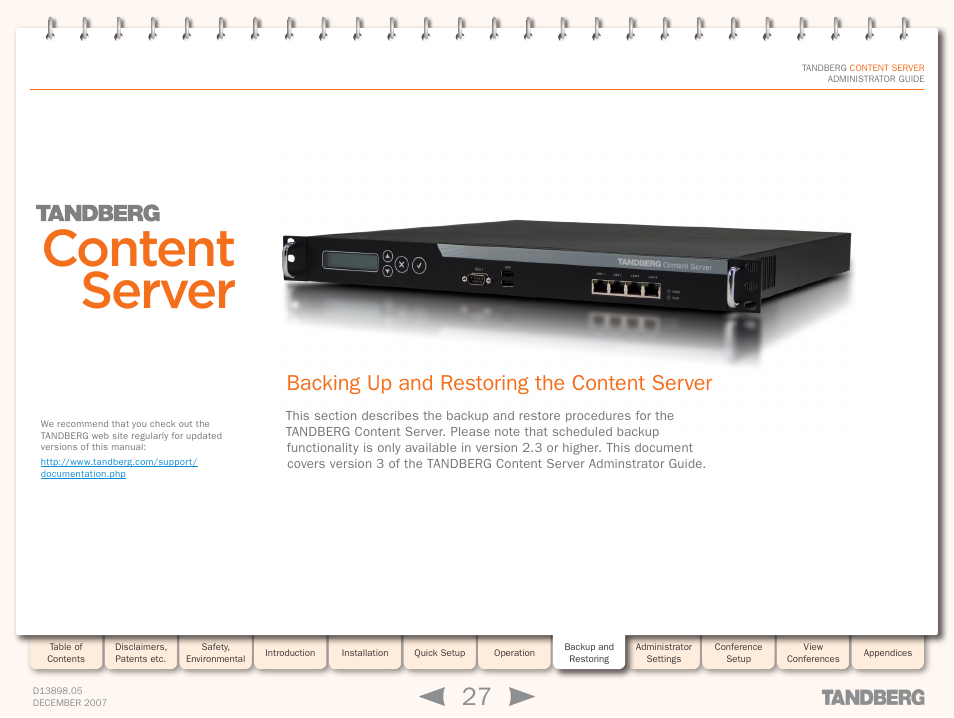 Backing up and restoring the content server, Backup and, Restoring | Operation, Content server | TANDBERG S3 User Manual | Page 27 / 127