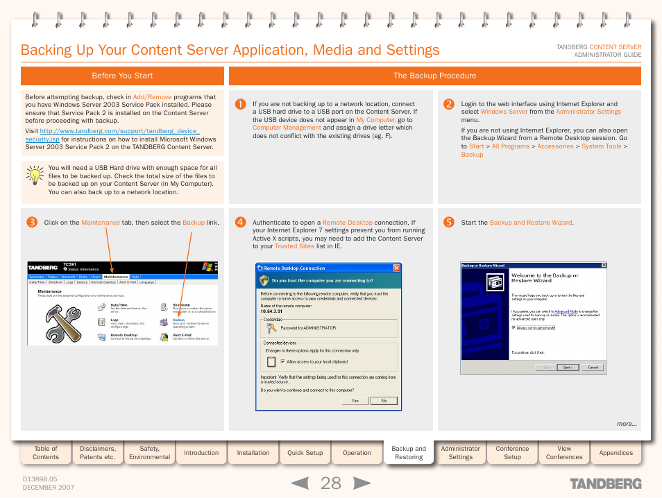 Before you start, The backup procedure, Backing up your content server | Before you start the backup procedure | TANDBERG S3 User Manual | Page 28 / 127