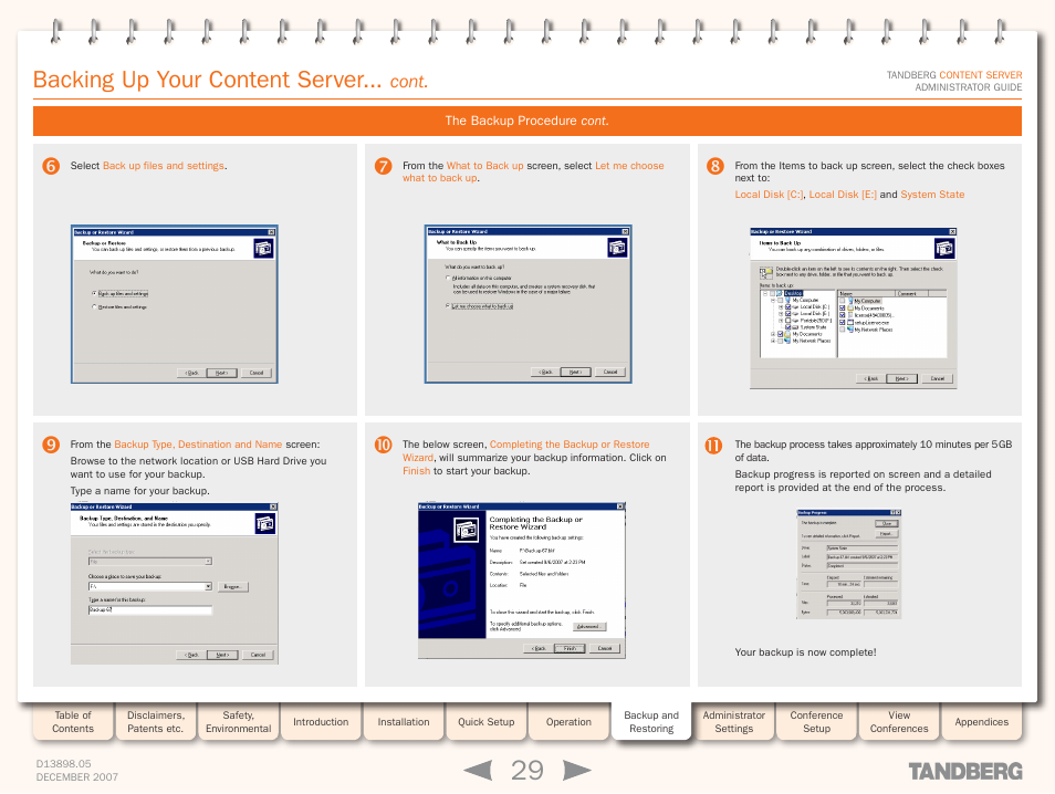 Backing up your content server, Cont | TANDBERG S3 User Manual | Page 29 / 127