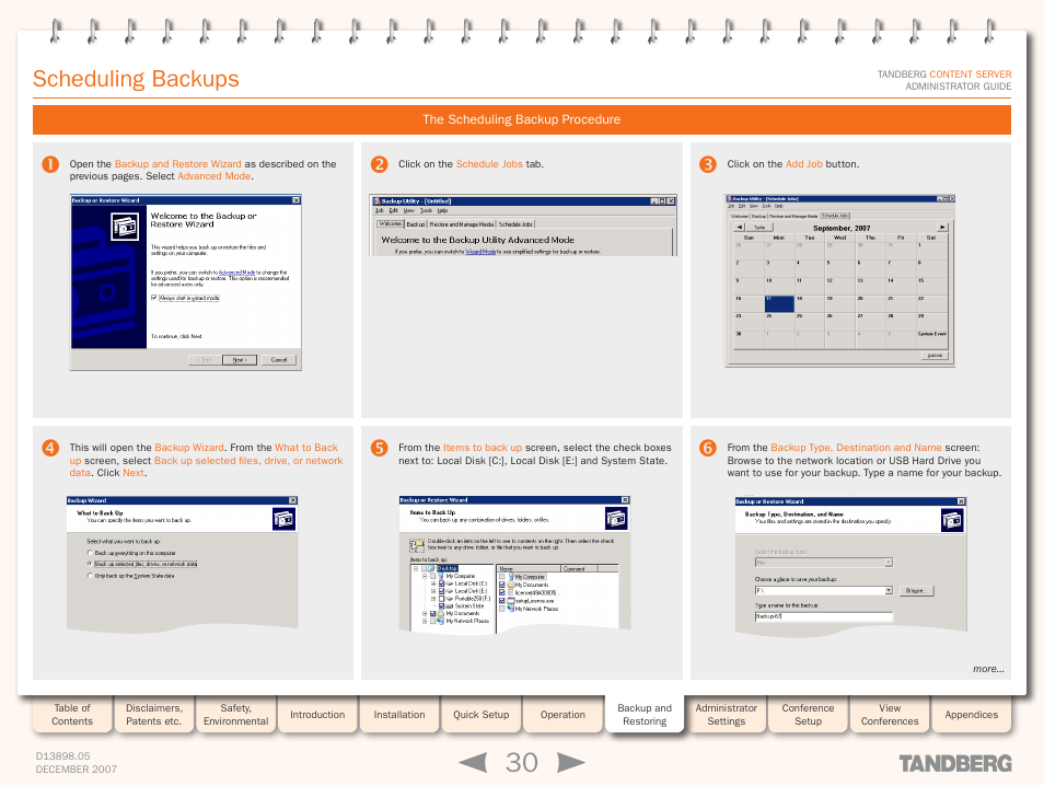 Scheduling backups, The scheduling backup procedure | TANDBERG S3 User Manual | Page 30 / 127