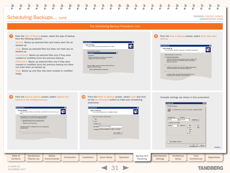 Scheduling backups, Cont | TANDBERG S3 User Manual | Page 31 / 127