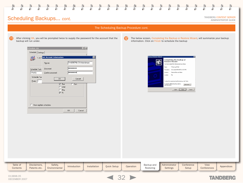 Scheduling backups, Cont | TANDBERG S3 User Manual | Page 32 / 127