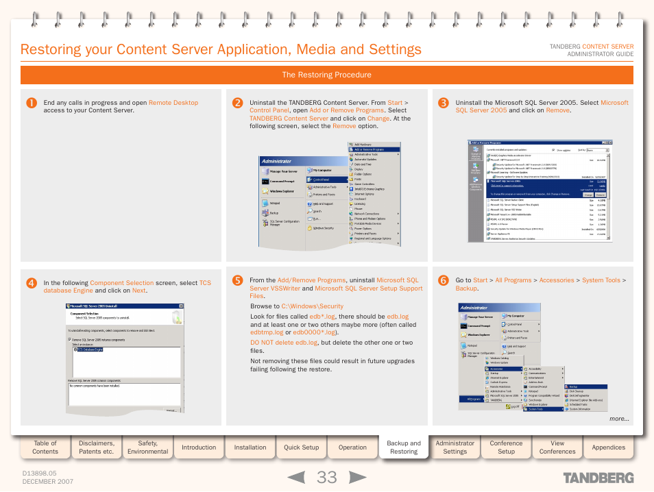 The restoring procedure, Restoring your content server | TANDBERG S3 User Manual | Page 33 / 127