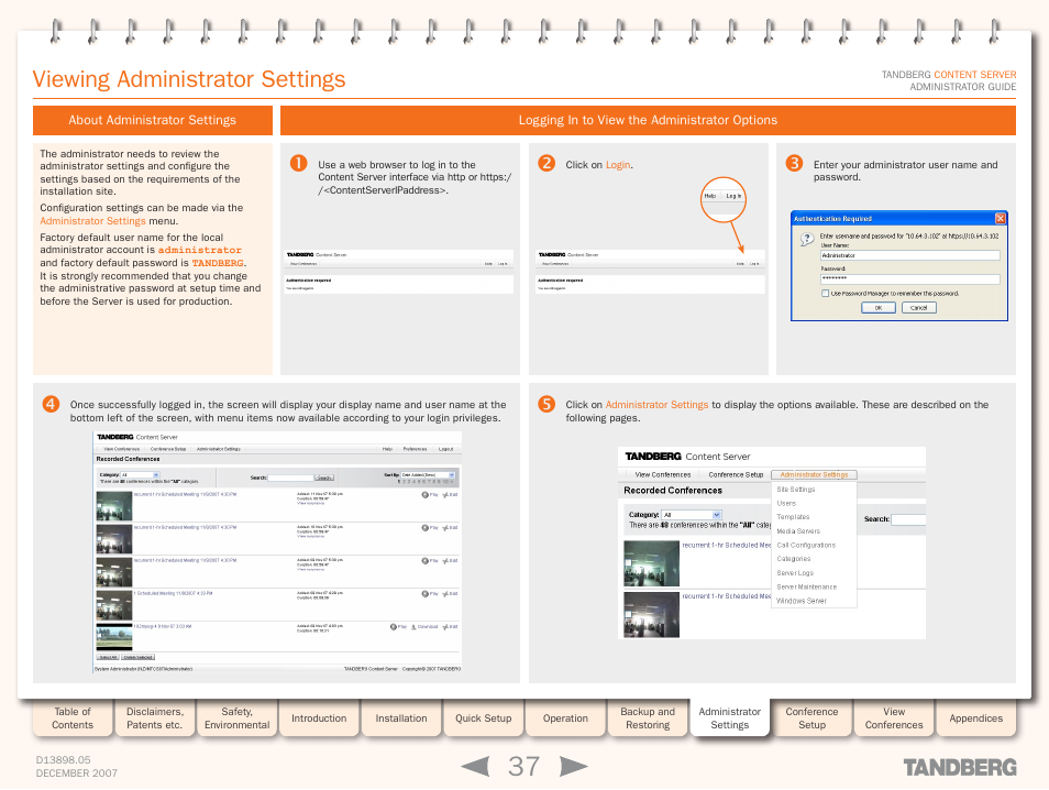 Viewing administrator settings, About administrator settings, Logging in to view the administrator options | TANDBERG S3 User Manual | Page 37 / 127