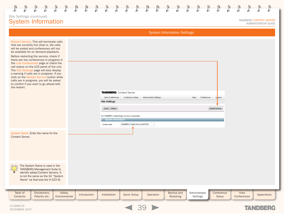 System information, System information settings | TANDBERG S3 User Manual | Page 39 / 127