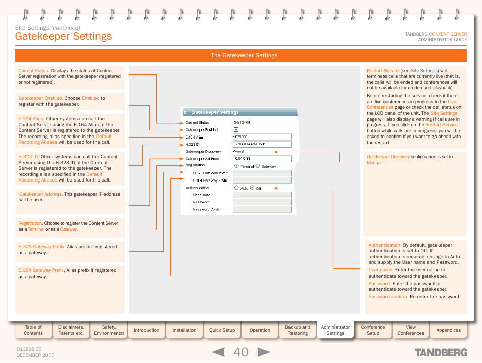 Gatekeeper settings, The gatekeeper seetings, The gatekeeper settings | TANDBERG S3 User Manual | Page 40 / 127