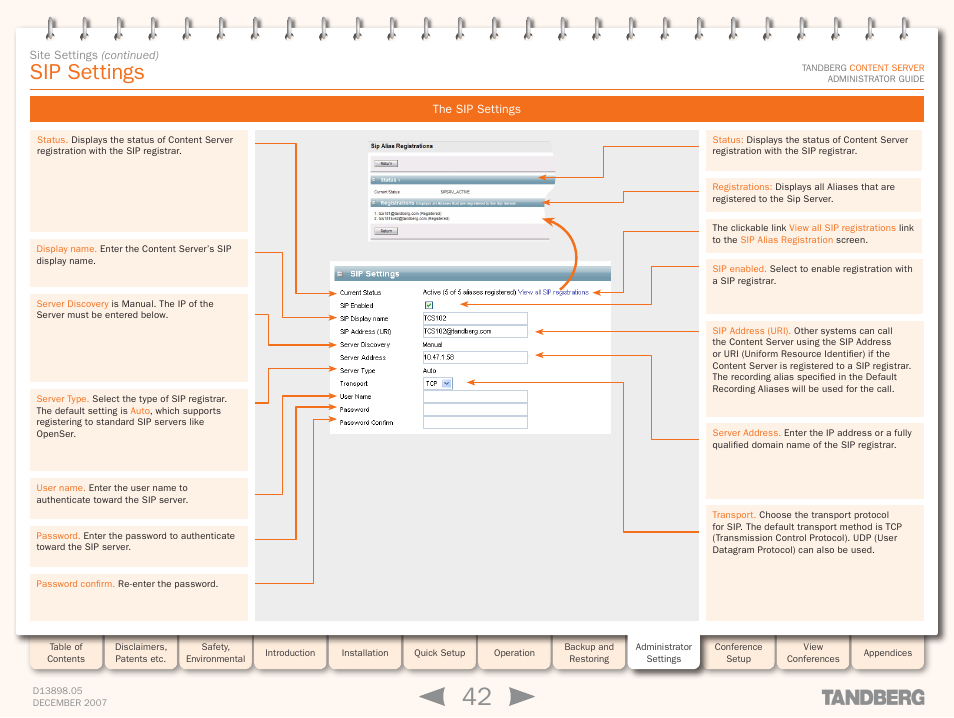 Sip settings, The sip settings | TANDBERG S3 User Manual | Page 42 / 127
