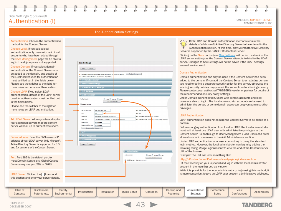 Authentication (i), The authentication settings, Authentication | Authenticatio | TANDBERG S3 User Manual | Page 43 / 127