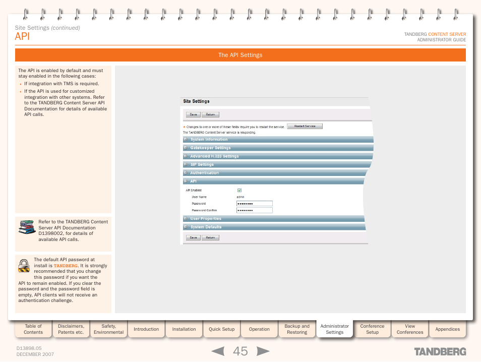 The api settings | TANDBERG S3 User Manual | Page 45 / 127