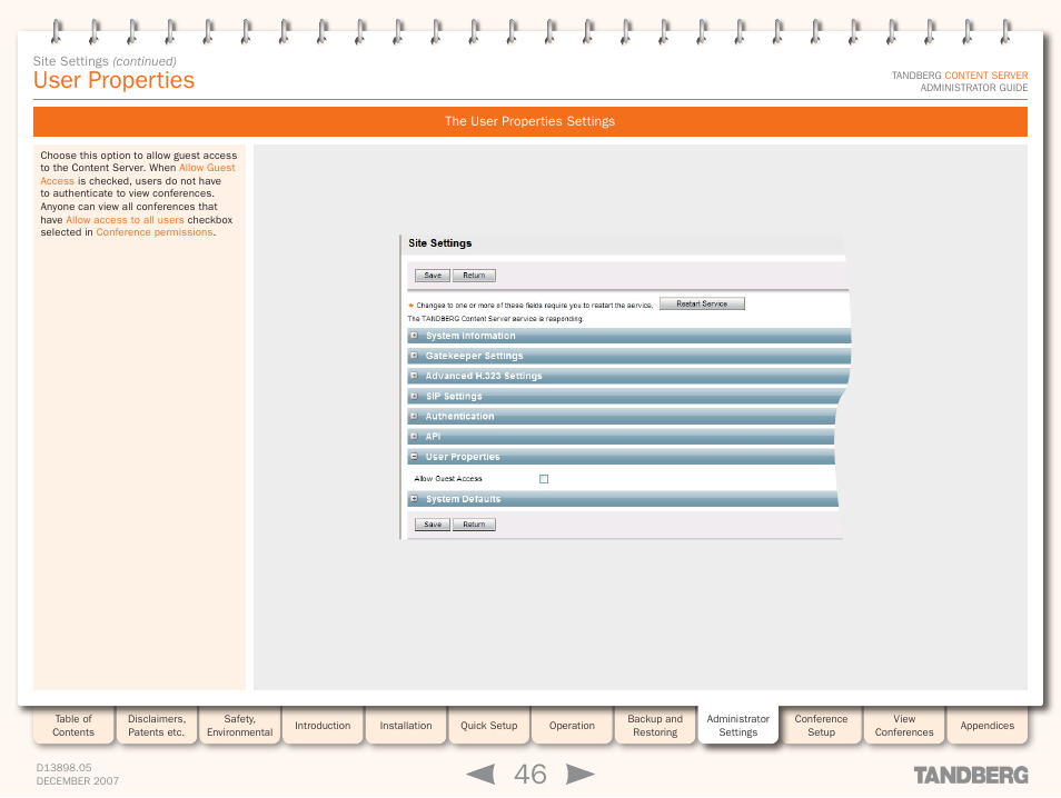 User properties, The user properties settings | TANDBERG S3 User Manual | Page 46 / 127