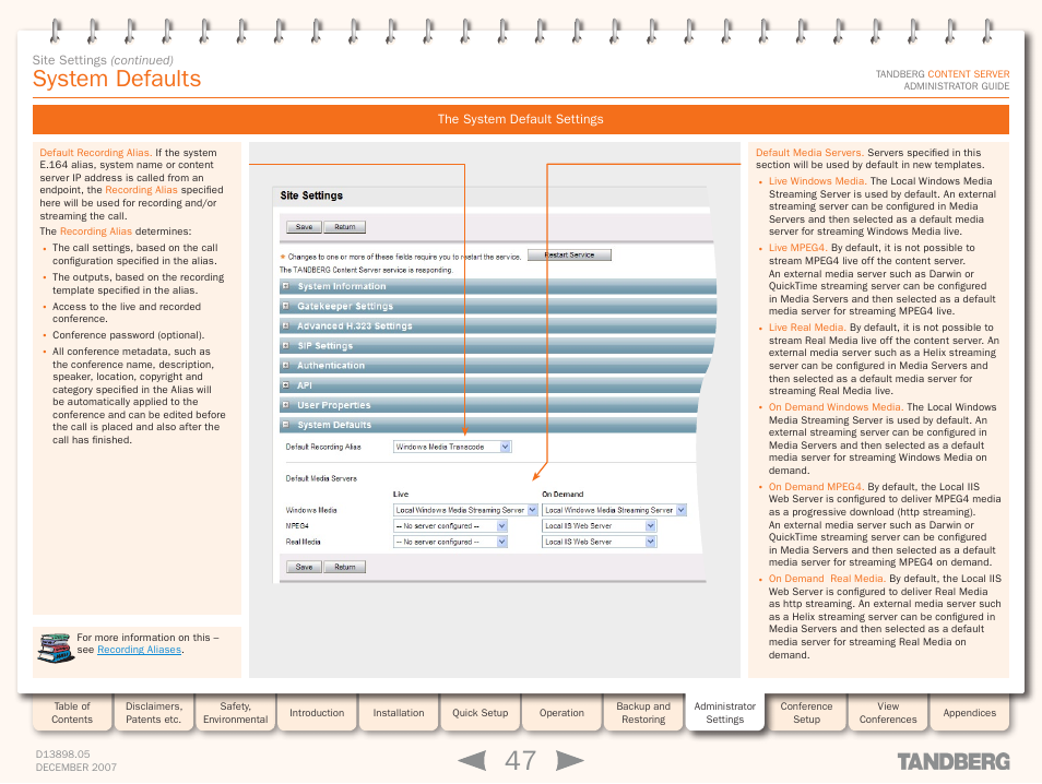 System defaults, The system default settings | TANDBERG S3 User Manual | Page 47 / 127