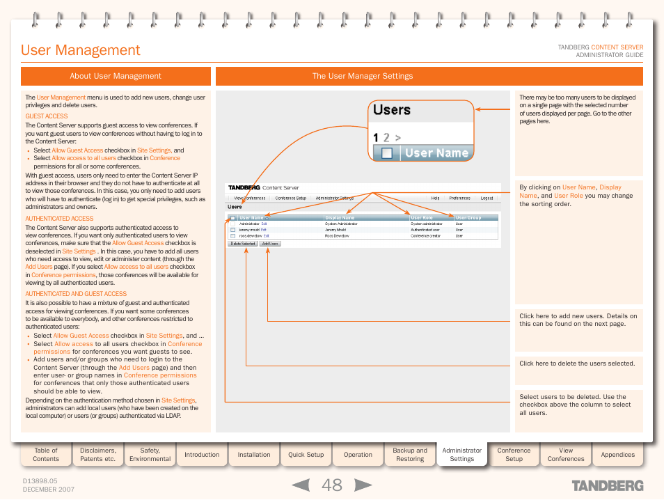 User management, About user management, The user manager settings | About user management the user manager settings | TANDBERG S3 User Manual | Page 48 / 127