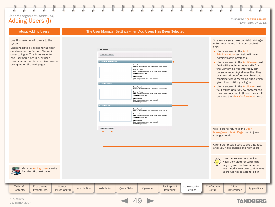 Adding users (i), About adding users, Adding users | TANDBERG S3 User Manual | Page 49 / 127