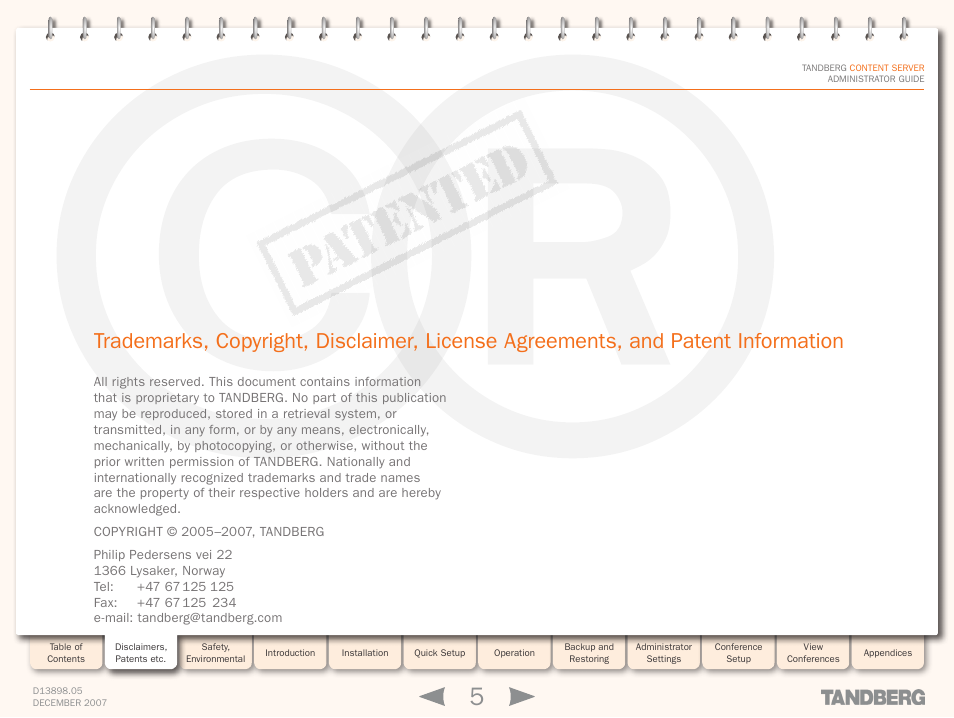 Disclaimers, Patents etc | TANDBERG S3 User Manual | Page 5 / 127