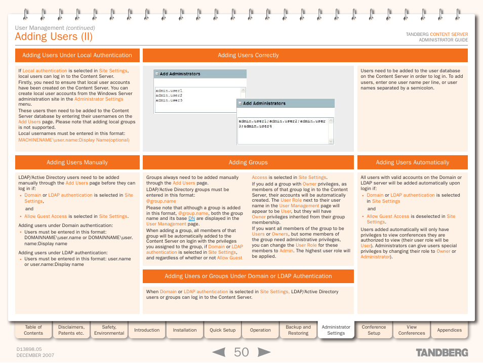 Adding users automatically, Adding groups, Adding users correctly | Adding users manually, Adding users under local authentication, Adding users (ii) | TANDBERG S3 User Manual | Page 50 / 127