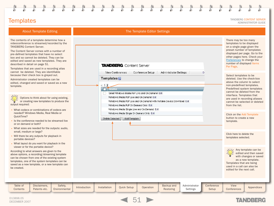 Templates, About template editing, The template editor settings | Recording template settings | TANDBERG S3 User Manual | Page 51 / 127