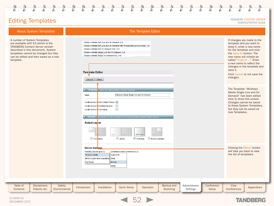 Editing templates, About system templates, The template editor | About system templates the template editor | TANDBERG S3 User Manual | Page 52 / 127