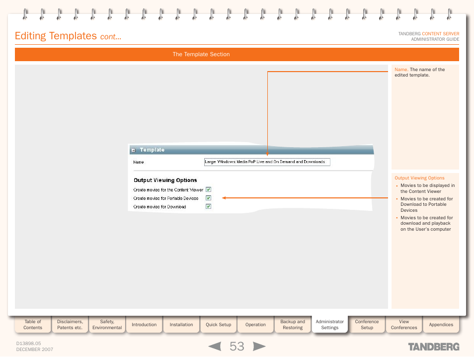 The template section, Editing templates, Cont | TANDBERG S3 User Manual | Page 53 / 127