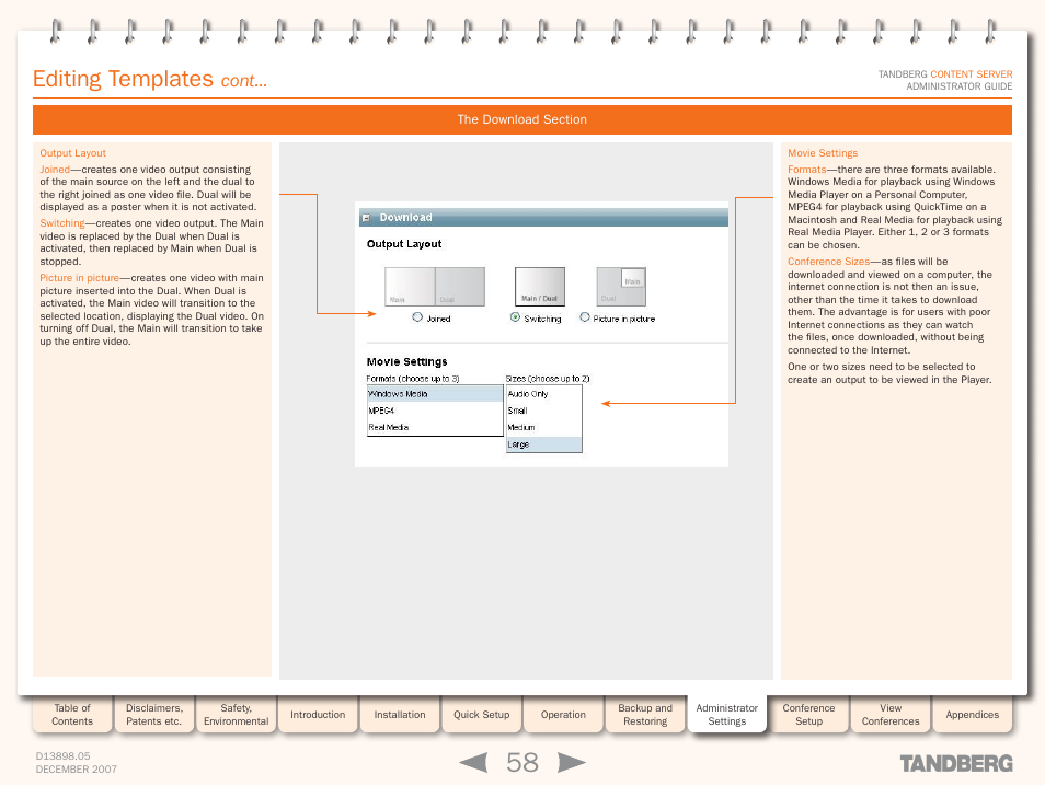 The download section, Editing templates, Cont | TANDBERG S3 User Manual | Page 58 / 127