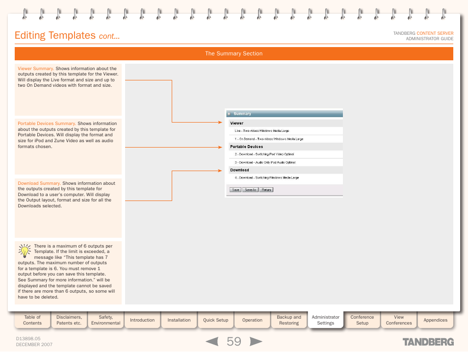 The summary section, Editing templates, Cont | TANDBERG S3 User Manual | Page 59 / 127