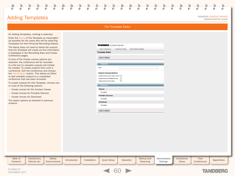 Adding templates, The template editor | TANDBERG S3 User Manual | Page 60 / 127