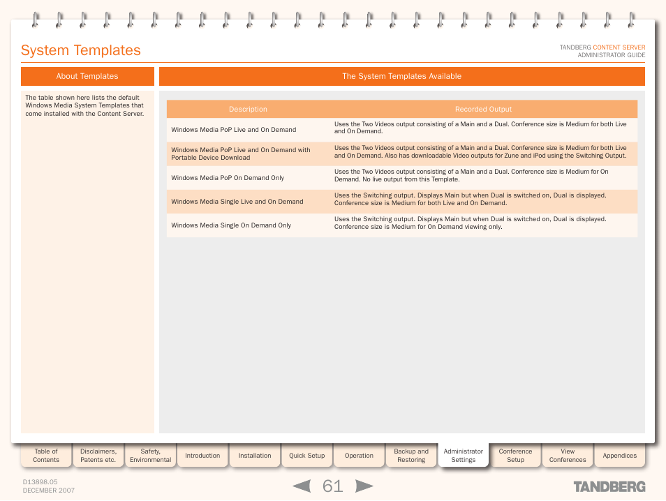 System templates, About templates, The system templates available | Description, Recorded output | TANDBERG S3 User Manual | Page 61 / 127
