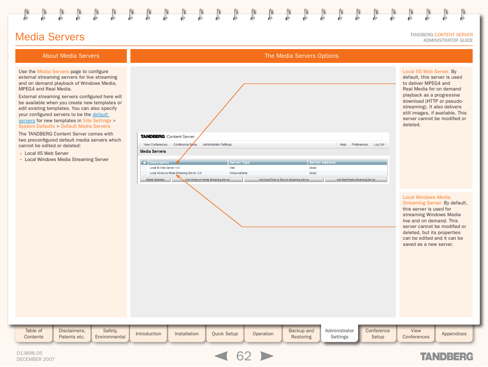 Media servers, About media servers, The media servers options | TANDBERG S3 User Manual | Page 62 / 127