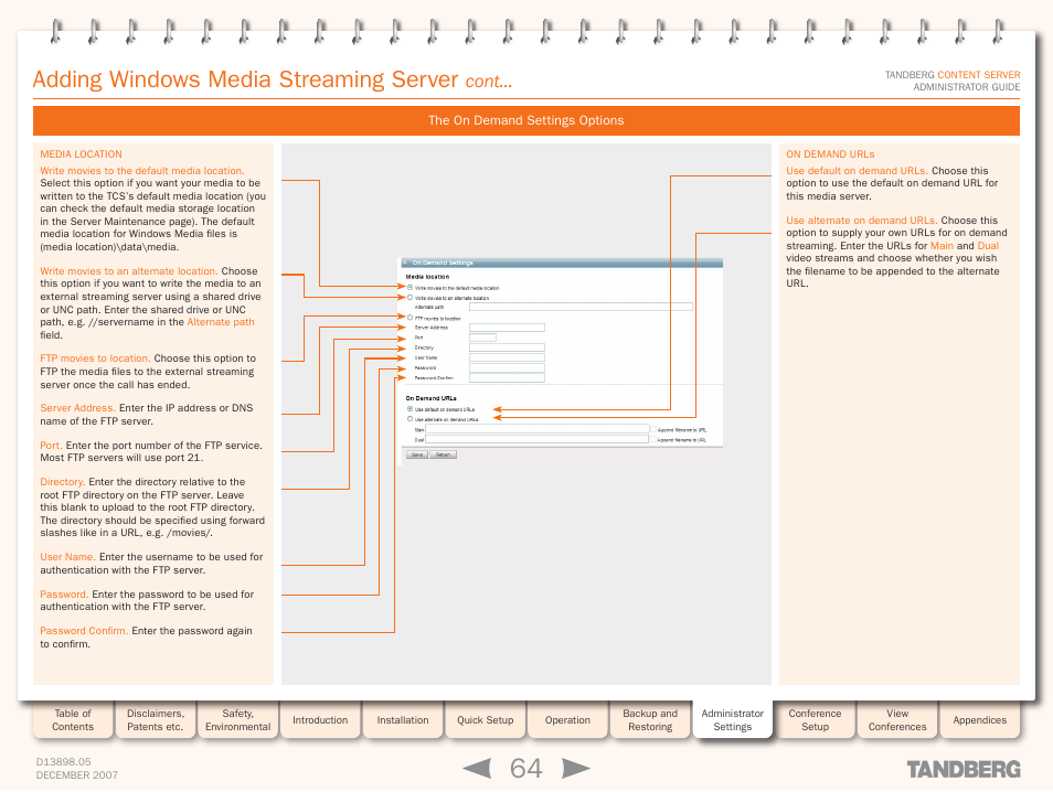 The on demand settings options, Adding windows media streaming server, Cont | TANDBERG S3 User Manual | Page 64 / 127