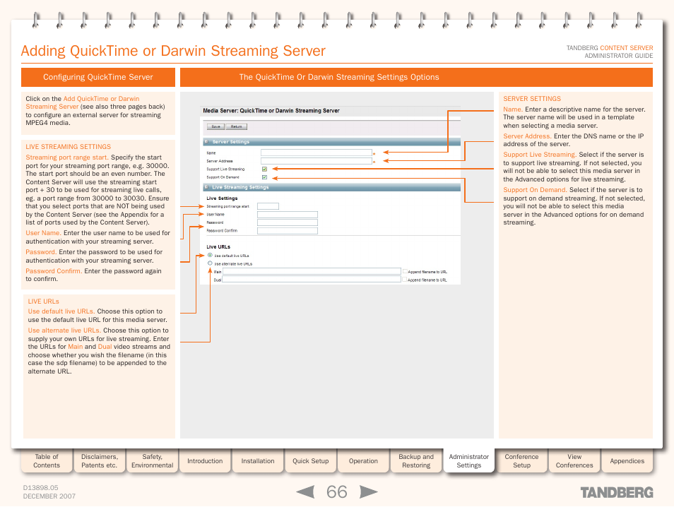 Configuring quicktime server, The quicktime or darwin streaming settings options, Adding quicktime or darwin streaming server | TANDBERG S3 User Manual | Page 66 / 127