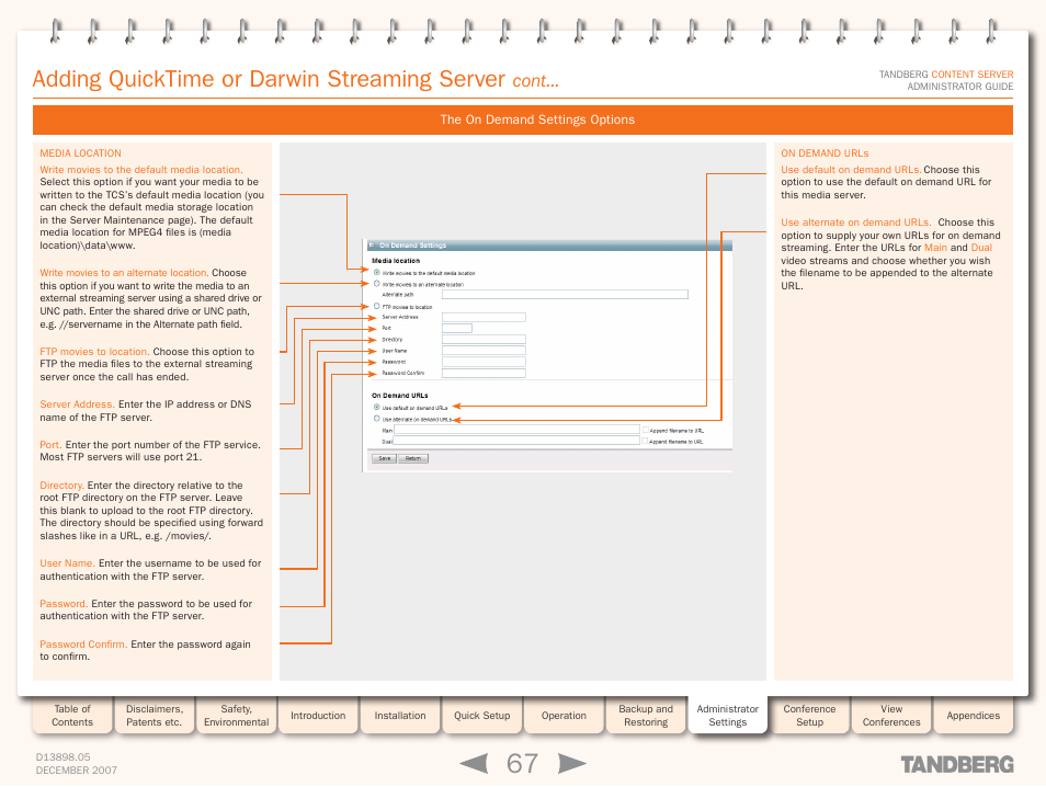 The on demand settings options, Adding quicktime or darwin streaming server, Cont | TANDBERG S3 User Manual | Page 67 / 127