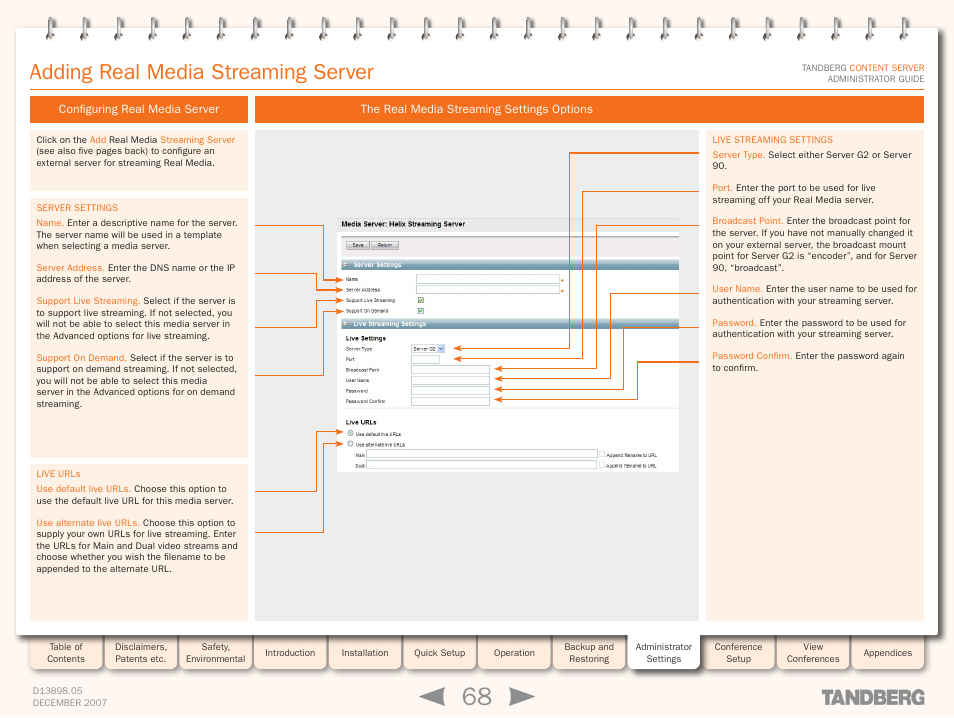 Configuring real media server, The real media streaming settings options, Adding real media streaming server | TANDBERG S3 User Manual | Page 68 / 127