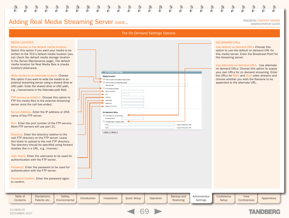 The on demand settings options, Adding real media streaming server, Cont | TANDBERG S3 User Manual | Page 69 / 127