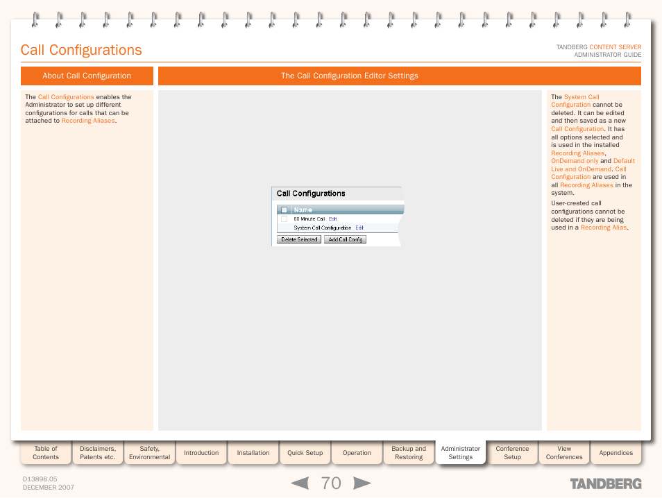 Call configurations, About call configuration, The call configuration editor settings | TANDBERG S3 User Manual | Page 70 / 127