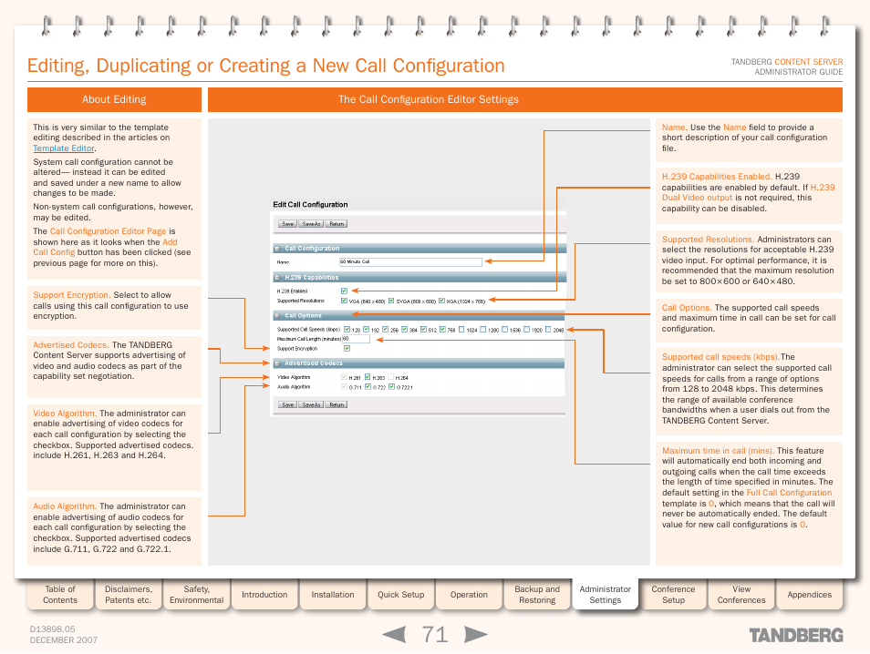 About editing, The call configuration editor settings | TANDBERG S3 User Manual | Page 71 / 127