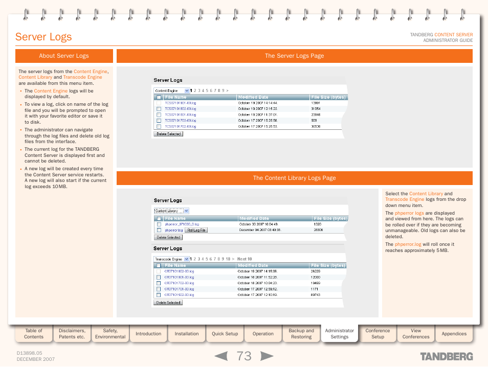 Server logs, About server logs | TANDBERG S3 User Manual | Page 73 / 127