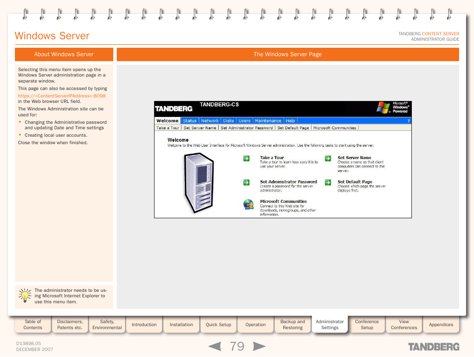 About windows server, Windows server setup, Windows server | TANDBERG S3 User Manual | Page 79 / 127