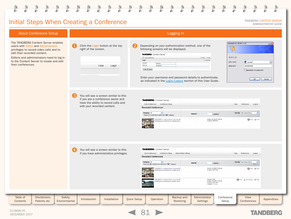 Initial steps when creating a conference, About conference setup, Logging in | About conference setup logging in | TANDBERG S3 User Manual | Page 81 / 127