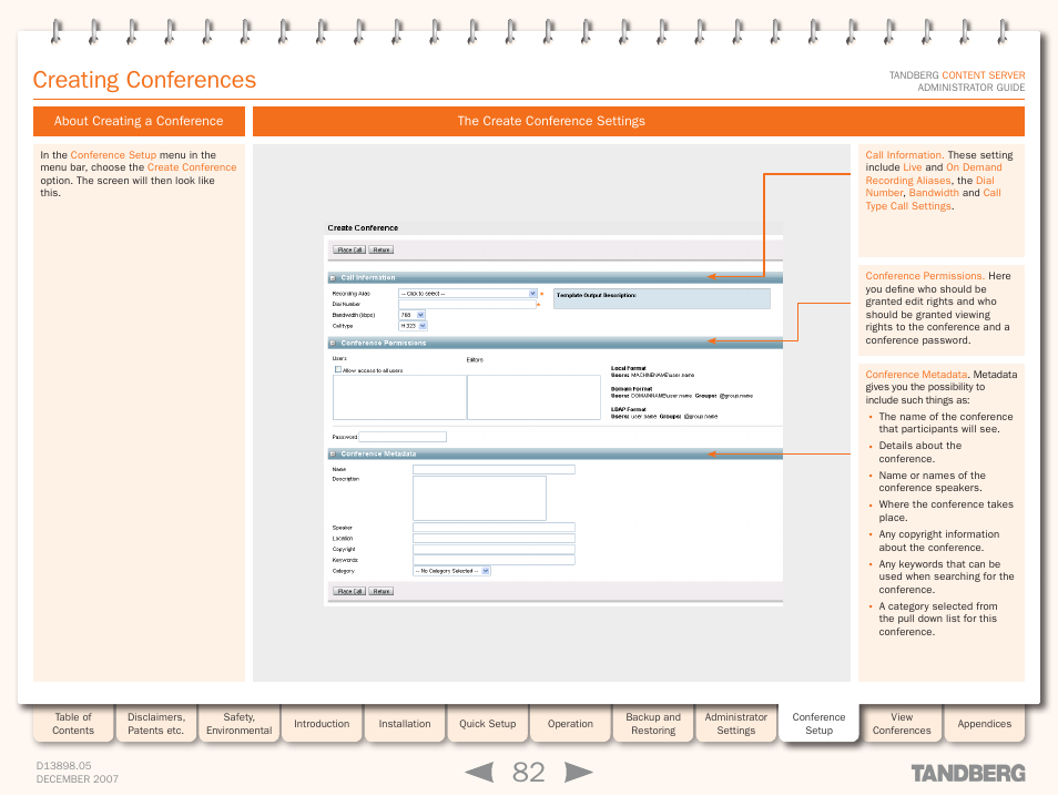 Creating conferences, About creating a conference, The create conference settings | TANDBERG S3 User Manual | Page 82 / 127