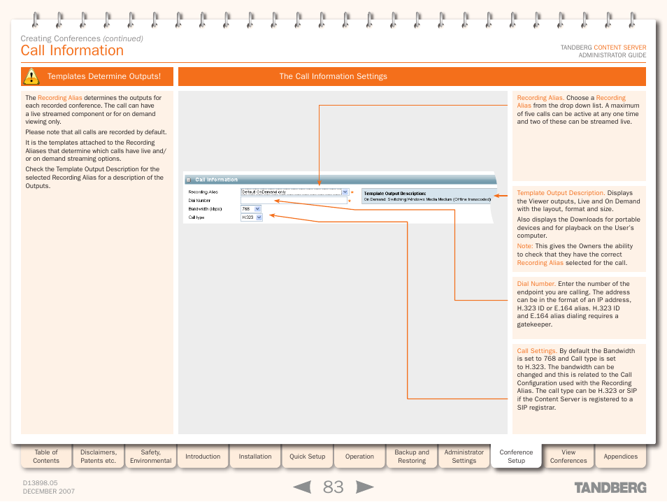 Call information, Templates determine outputs, The call information settings | TANDBERG S3 User Manual | Page 83 / 127