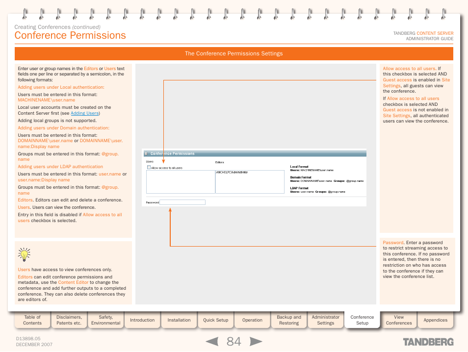 Conference permissions, The conference permissions settings | TANDBERG S3 User Manual | Page 84 / 127
