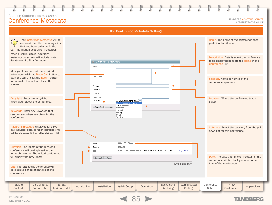 Conference metadata, The conference metadata settings | TANDBERG S3 User Manual | Page 85 / 127