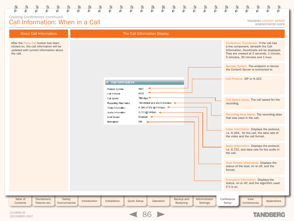 Call information: when in a call, About call information, The call information display | TANDBERG S3 User Manual | Page 86 / 127
